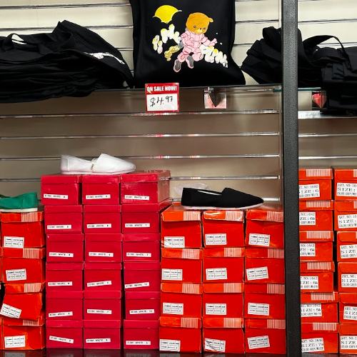 Stacks of shoe boxes on the shoe wall